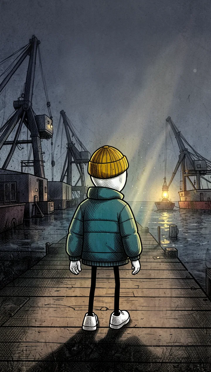 De noche, el protagonista camina solo por un muelle oscuro con una linterna hacia una luz en el agua.