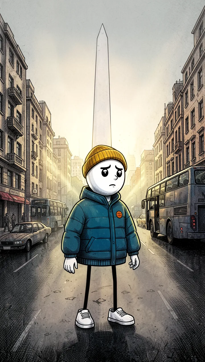 El protagonista, con gorro mostaza y campera azul petróleo, parado solo en medio de una avenida vacía de Buenos Aires con el Obelisco al fondo.