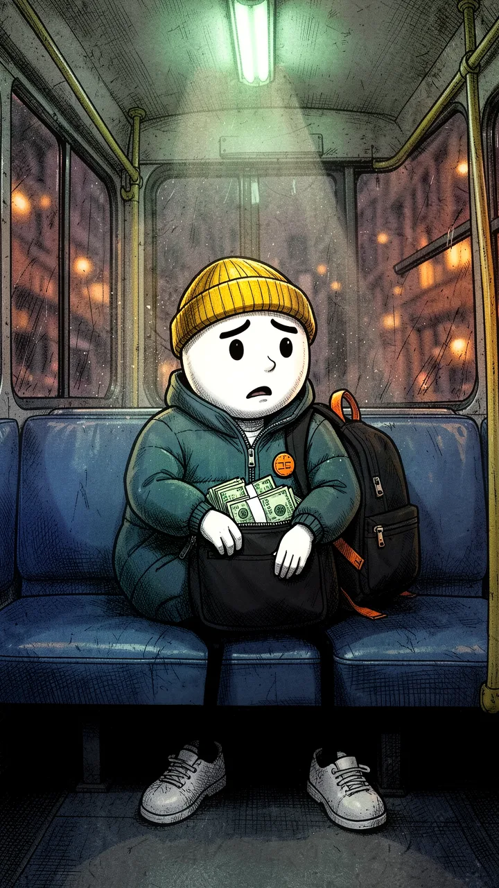 El protagonista, con gorro mostaza y campera azul petróleo, abre la mochila llena de dólares en el último asiento de un colectivo vacío de noche.