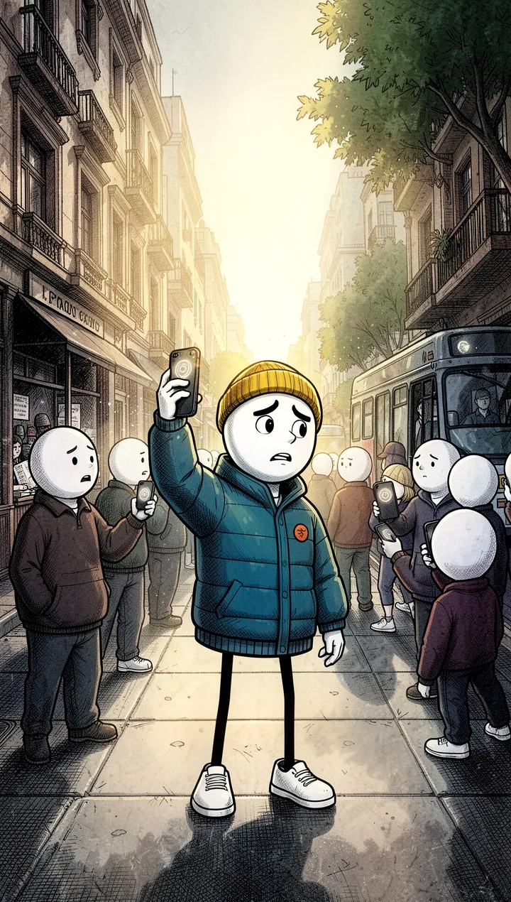 El protagonista, con gorro mostaza y campera azul petróleo, levanta el celular buscando señal en una vereda de Buenos Aires donde todos hacen lo mismo.