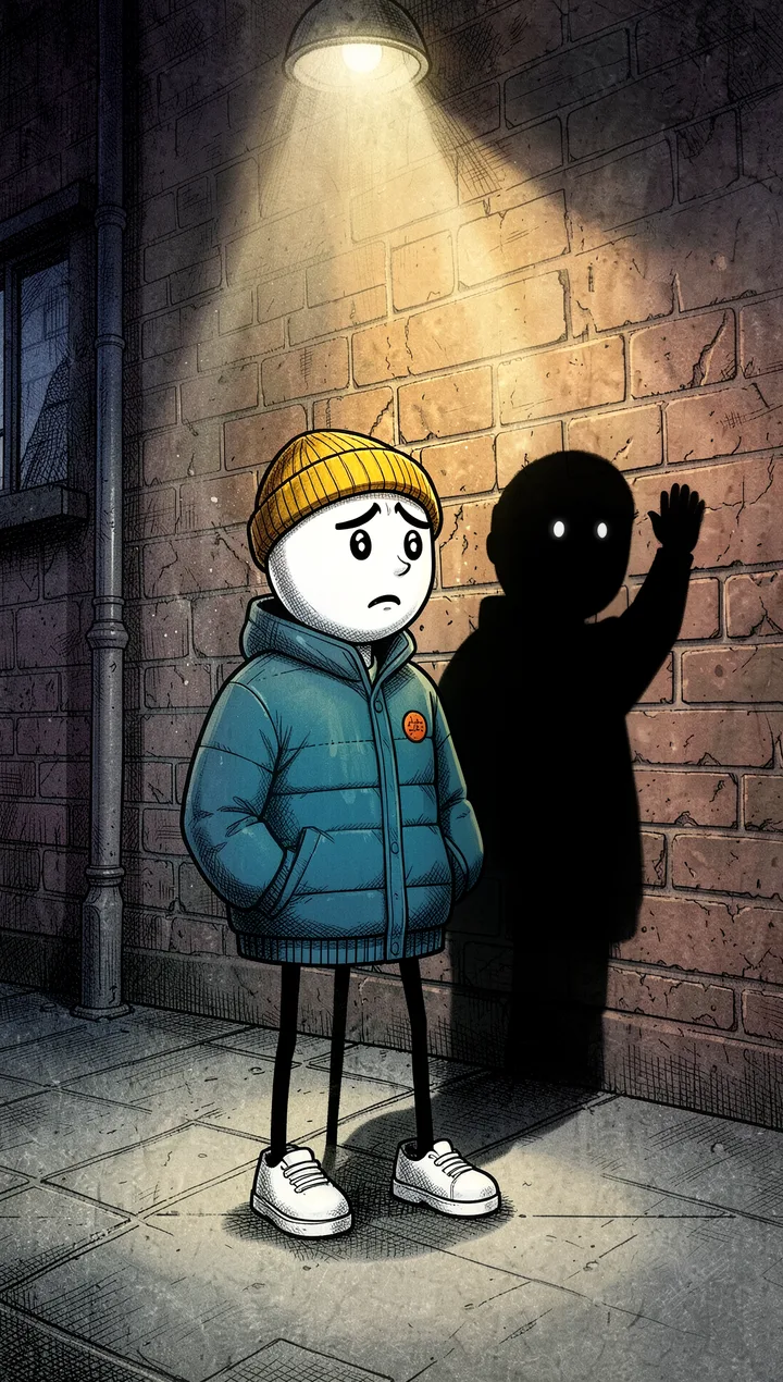 De noche, bajo un farol, el protagonista mira su sombra en la pared: la sombra saluda con la mano levantada.