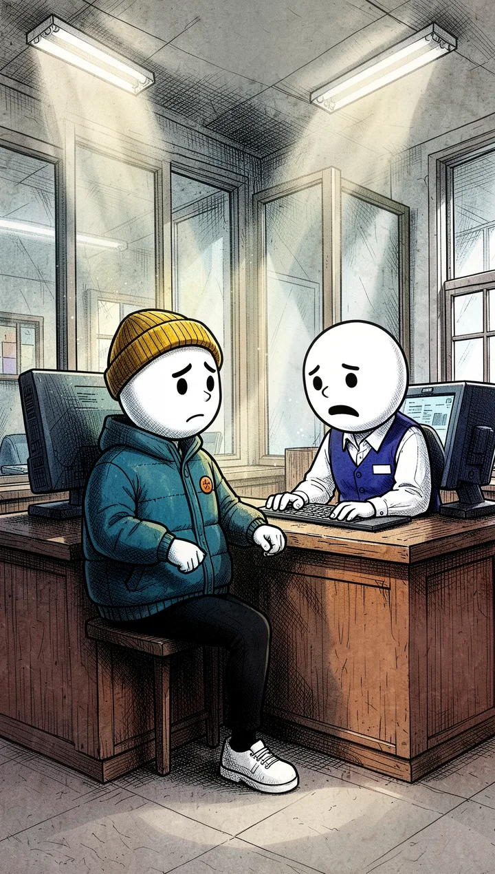 El protagonista espera frente al mostrador de un banco mientras un empleado revisa la computadora.