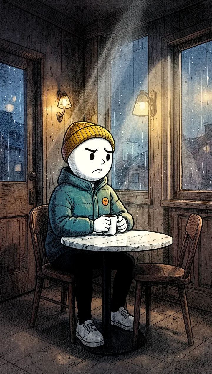 De noche, en un café con lluvia en la ventana, el protagonista espera frente a una silla vacía.