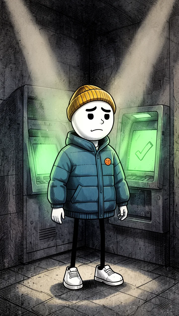 De mañana, el protagonista mira la pantalla verde de un cajero automático.