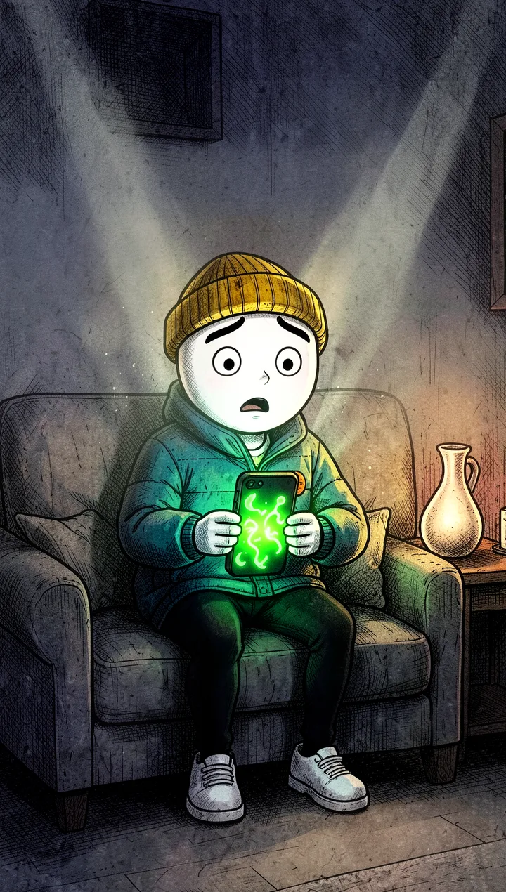 El protagonista, con gorro mostaza y campera azul petróleo, mira sorprendido el celular en un living a oscuras, iluminado por la luz verde de la pantalla.